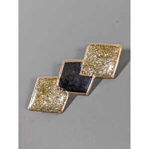 Vintage Black Enamel Golden Glitter Art Deco Brooch Pin Gold Tone